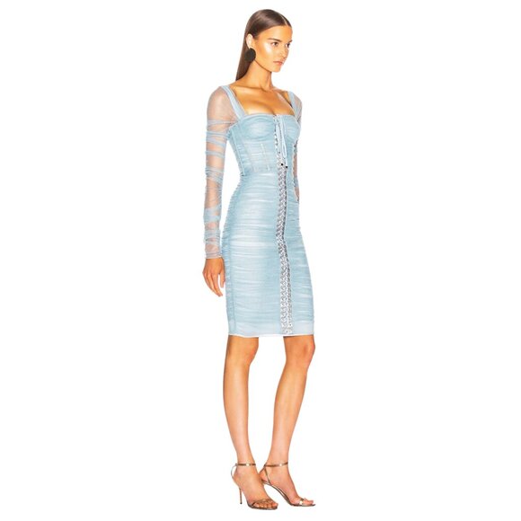 $3645 NWT Dolce & Gabbana Light Blue Tulle Sheer Lace-Up Ruched Midi Dress - Picture 6 of 13